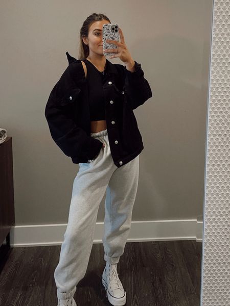 casual fall outfit 

princess polly oversized denim jacket, princess polly phoenix denim jacket, zara tank, sweatpants style, fall ootd, cozy outfit