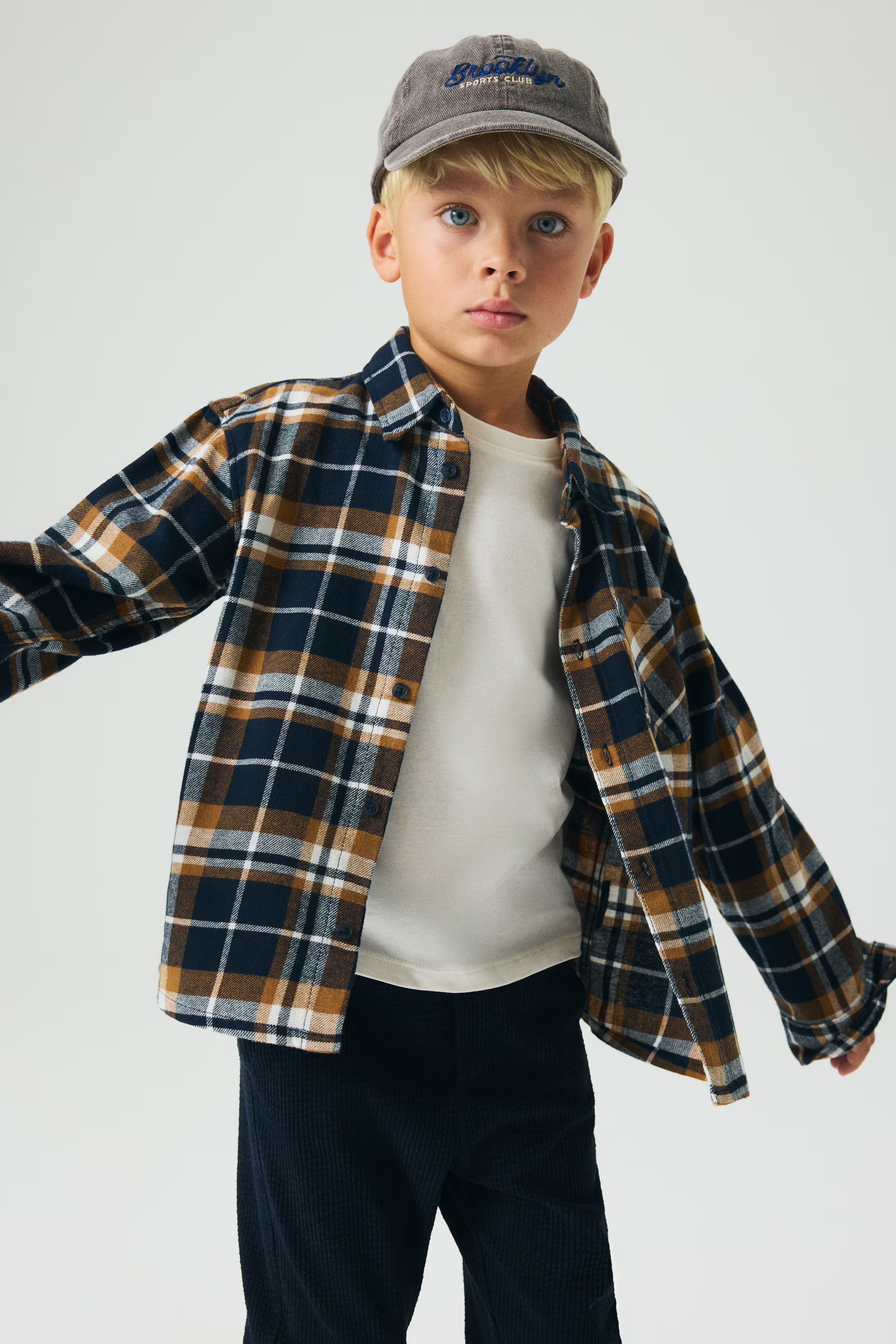 Cotton Flannel Shirt - Navy blue/brown plaid - Kids | H&M US | H&M (US + CA)