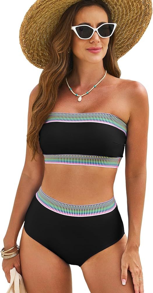 Herseas Women's 2 Pieces High Waist Bikini Color Block Bandeau Swimsuits 2024 Summer Off Shoulder... | Amazon (US)