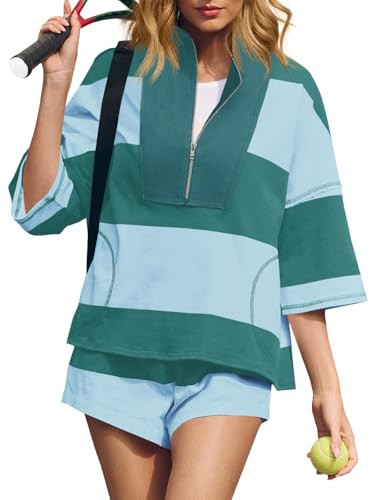 Fisoew Womens 2 Piece Outfits Summer Striped Sweatshirt Workout Shorts Sets Matching Lounge Set Tracksuits | Amazon (US)