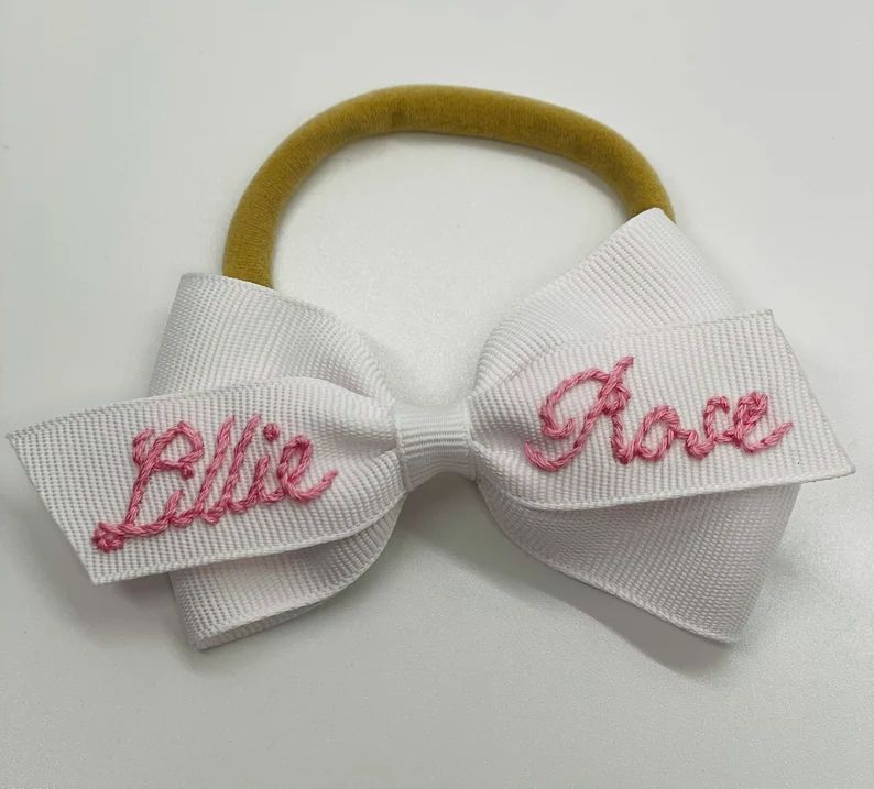 The Lottie Bow - Solid Color Name Hand-Embroidered Bow | Etsy (US)