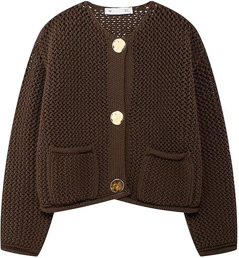 Wyeysyt Womens Cropped Cardigan Sweaters Chunky Knit Gold Button Down Open Front Cardigan Long Sl... | Amazon (US)