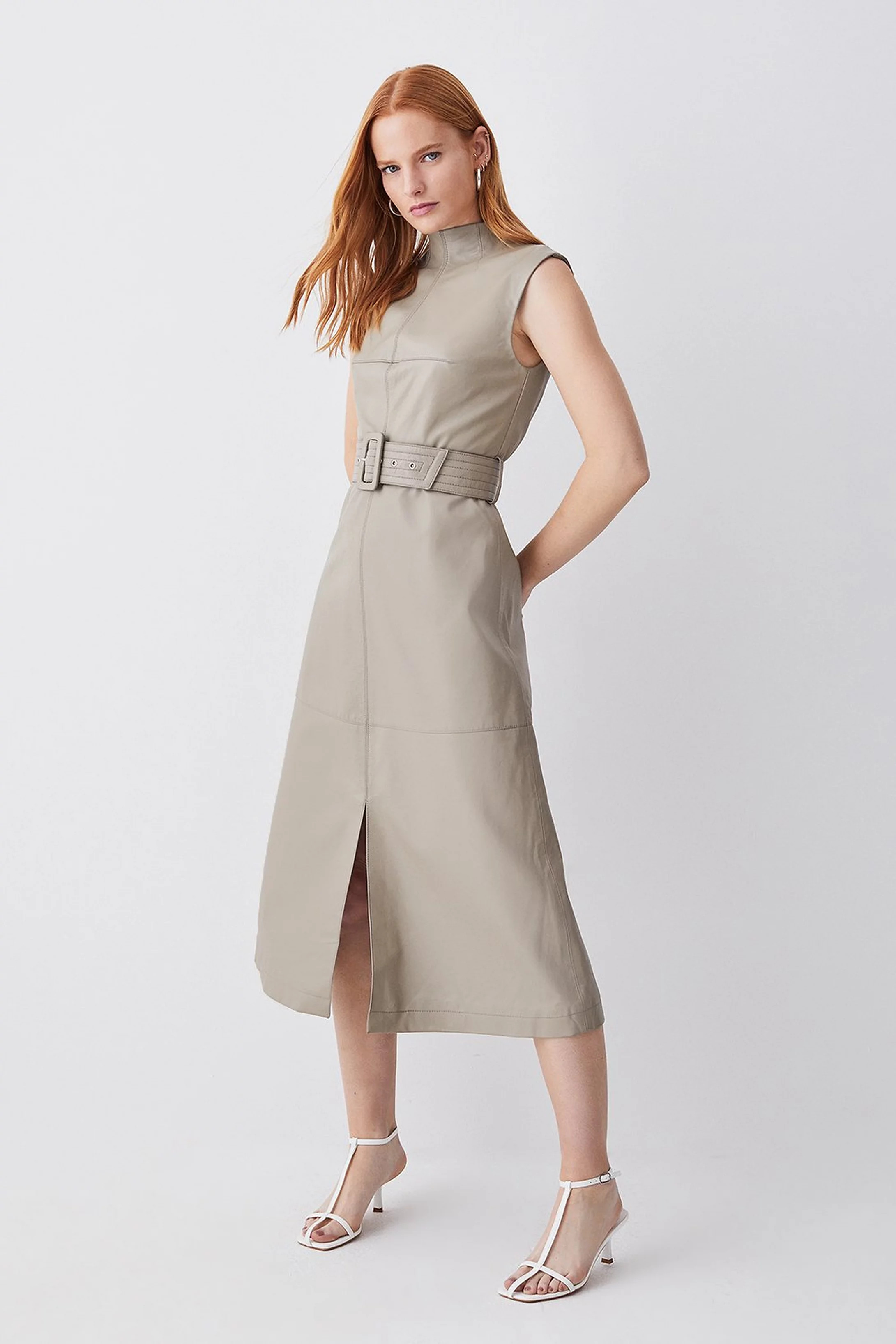 Leather Belted High Neck Midi Dress | Karen Millen US