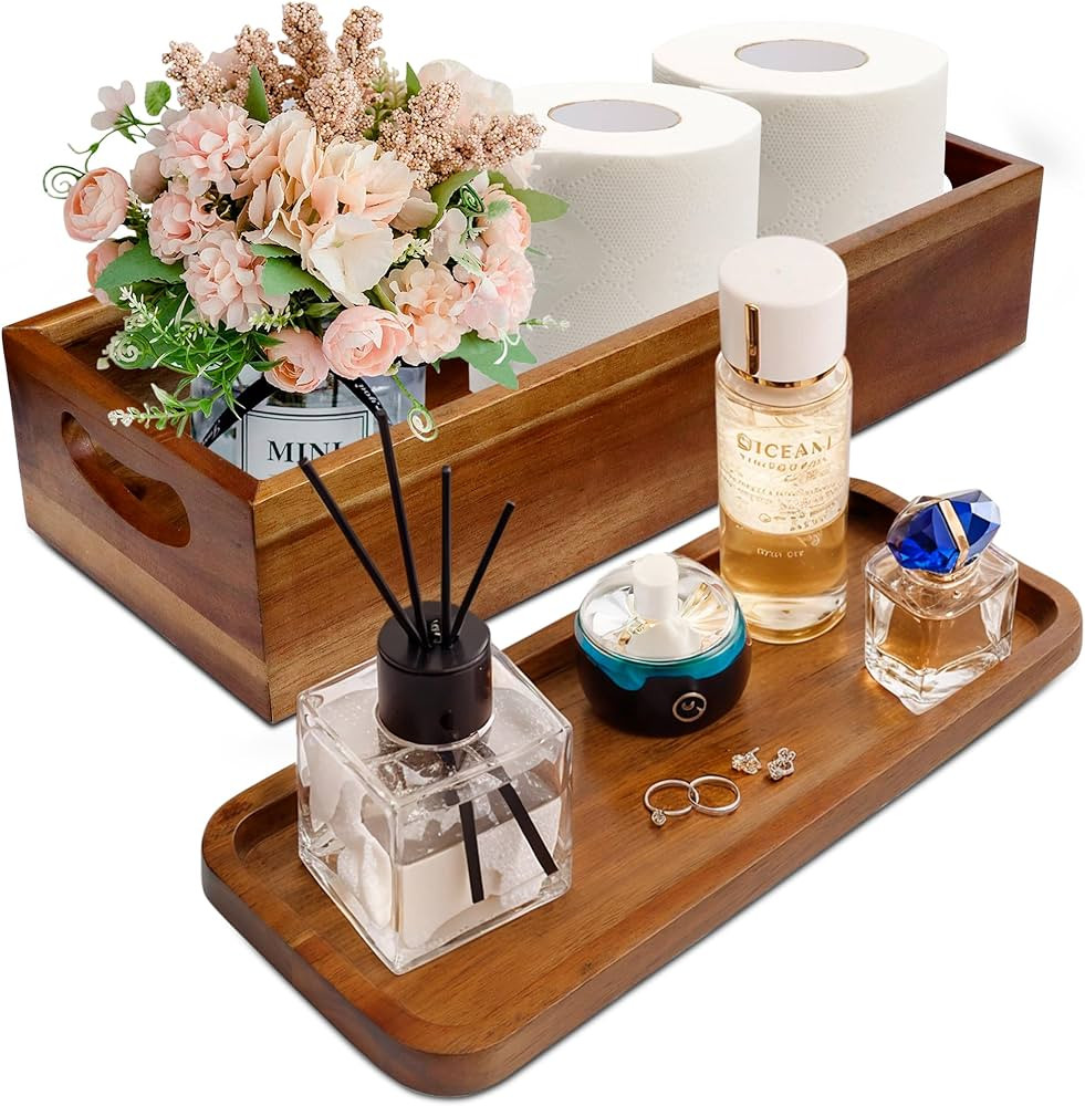 Handmade Toilet Tank Basket Topper & Vanity Tray Set of Natural Acacia Wood by DEMIGO, Created by... | Amazon (US)