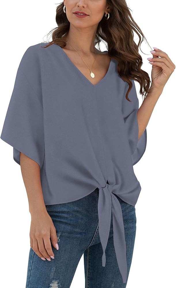 VIISHOW Womens Tie Front Chiffon Blouses V Neck Batwing Short Sleeve Summer Tops Shirts | Amazon (US)