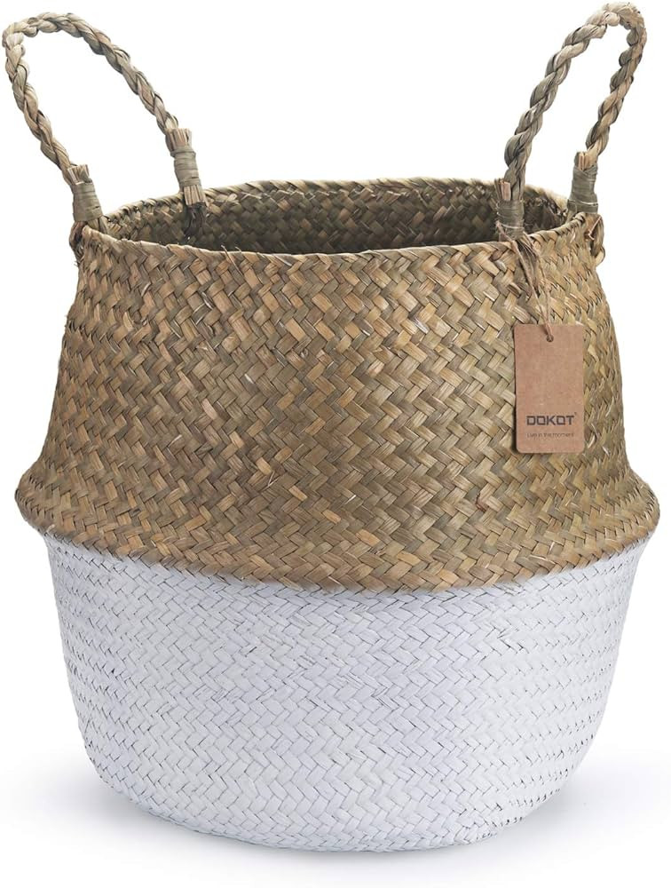Seagrass Plant Basket with Handles, Natural Woven Storage Wicker Baskets (White S(7“ D x 8" H)) | Amazon (US)