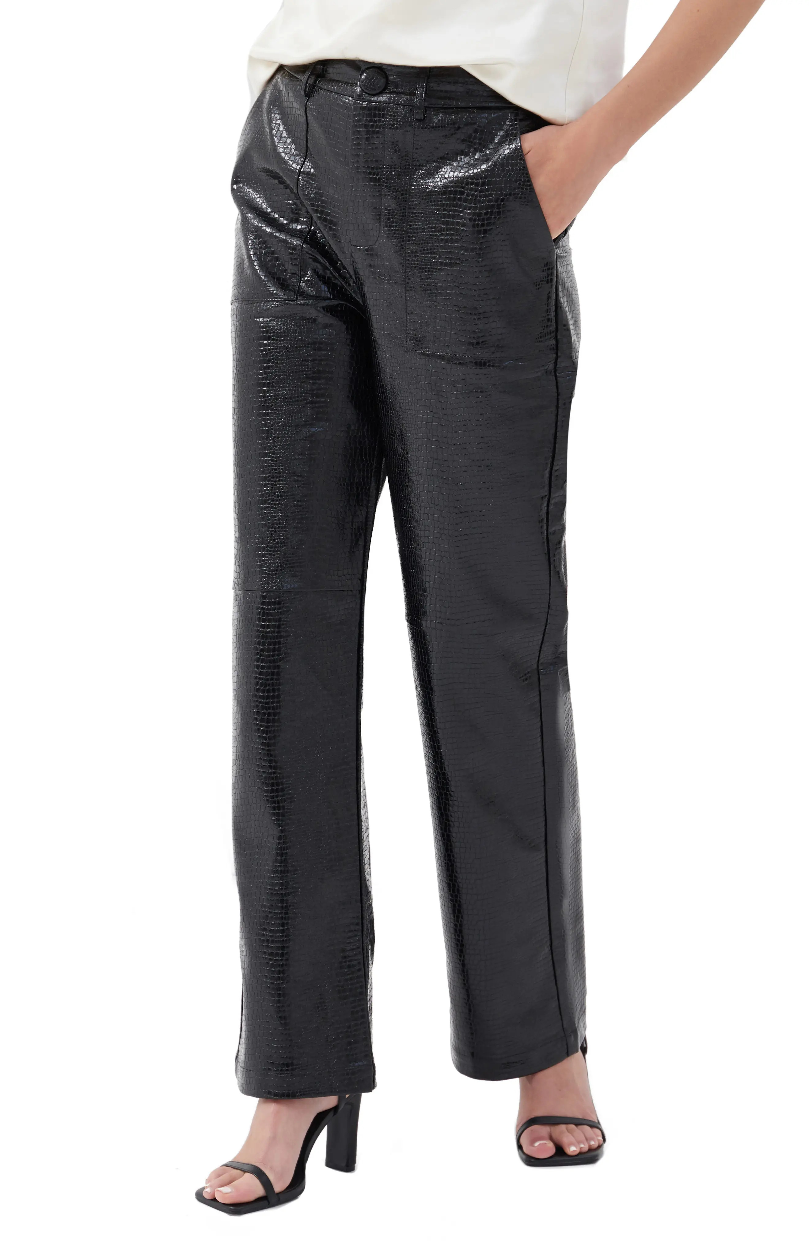 4th & Reckless Wilcox Croc Embossed Wide Leg Faux Leather Pants in Black Patent Croc at Nordstrom, S | Nordstrom