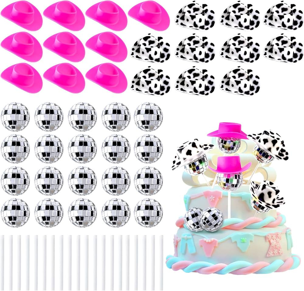 60Pcs Disco Cowgirl Pary Cake Decoration, 20Pcs Disco Ball Cup Toppers 10Pcs Mini Pink Cowgirl Ha... | Amazon (US)
