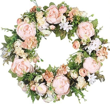 Duovlo Artificial Peony Flower Wreath Silk Wreath 20-Inch Beautiful Handcrafted Mix Flowers Front... | Amazon (US)