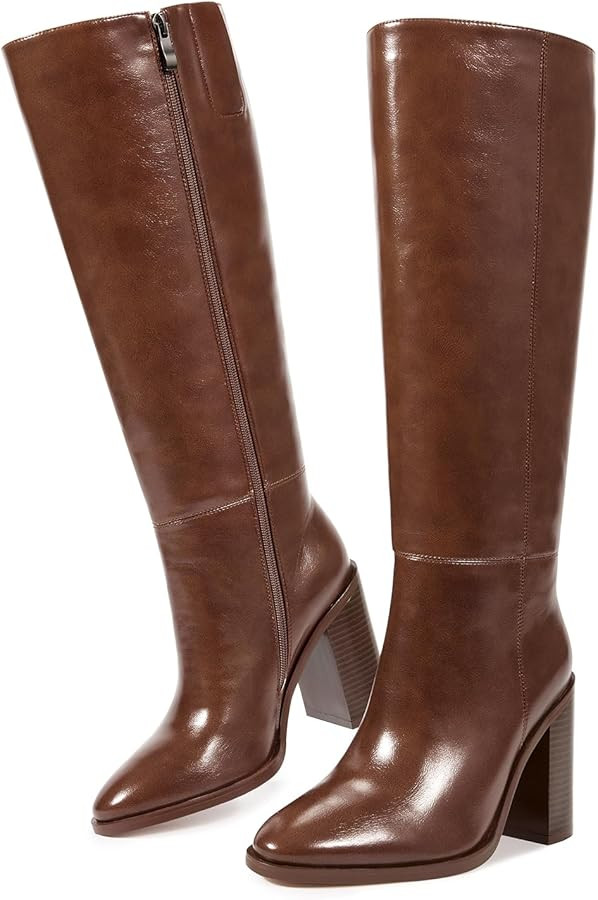 ISNOM Knee High Boots Women Almond Toe Chunky Boots for Women Tall Boots with Full Side Zipper Hi... | Amazon (US)