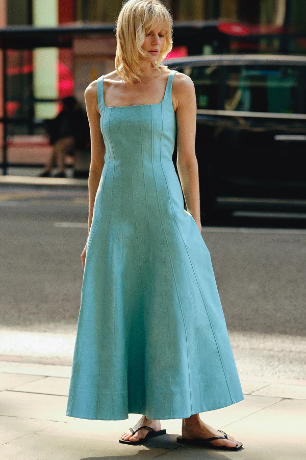 ALIGNE Stitched Seam Godet Midi Dress - Blue | Fernanda | ALIGNE USA