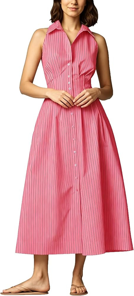 Lauweion Womens Button Down Striped Shirt Maxi Dress Slim Fitted Cinched Waist Summer Sleeveless ... | Amazon (US)