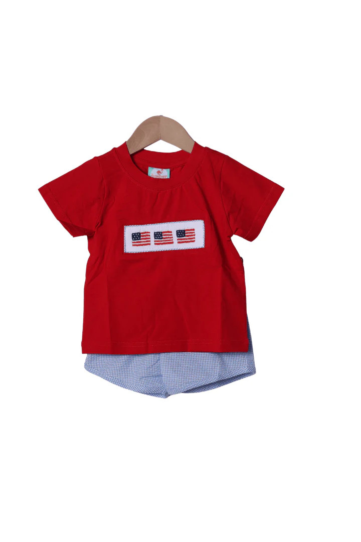 Smocked American Flag Blue Seersucker Short Set | The Smocked Flamingo
