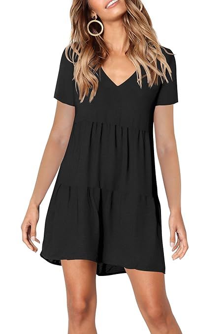FAVALIVE Womens Casual Loose Short Sleeve V Neck Solid Color Dress | Amazon (US)