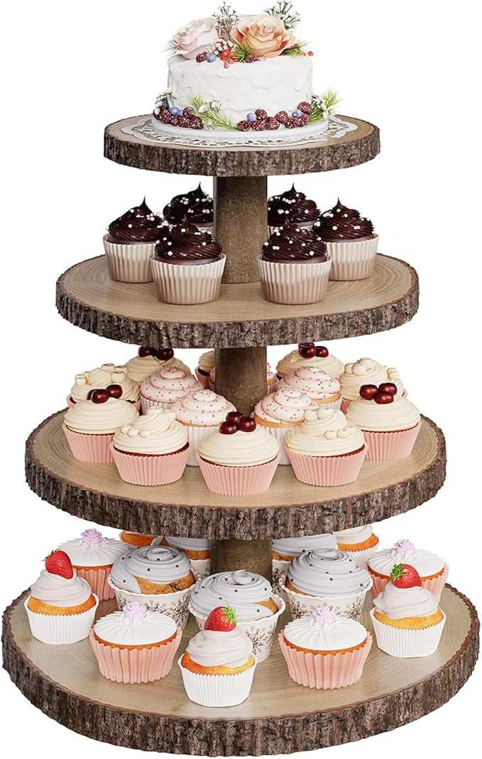 Wood Cupcake Stand, 4 Tier Wooden Cupcake Tower, Large Rustic Cake Display Holder Stand for Woodl... | Amazon (US)