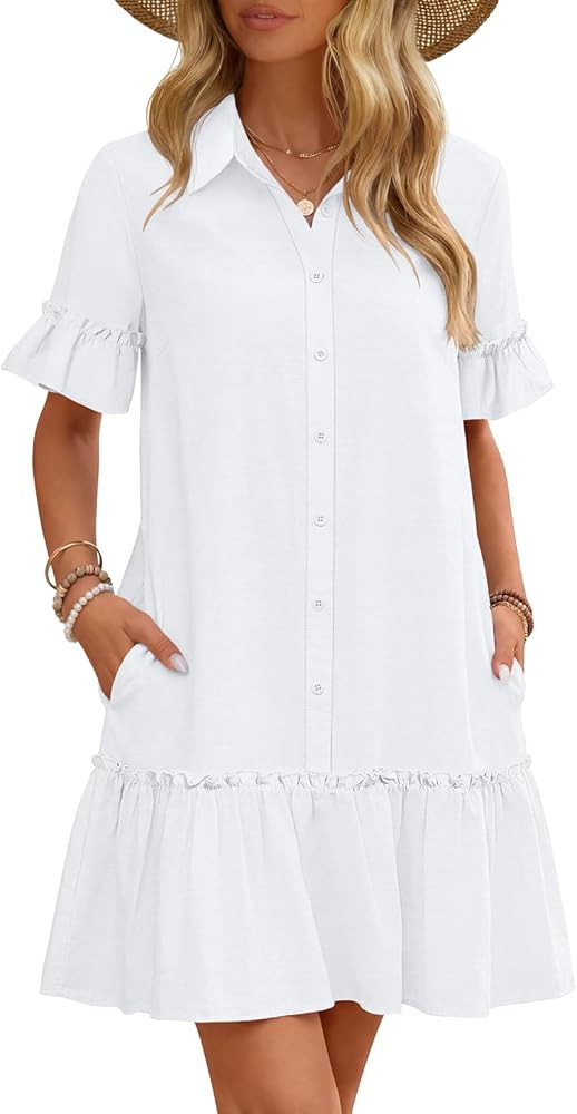 MEROKEETY Women's 2026 Summer Casual Shirt Dress Button Down Ruffle Sleeve Shift Mini Dresses wit... | Amazon (US)