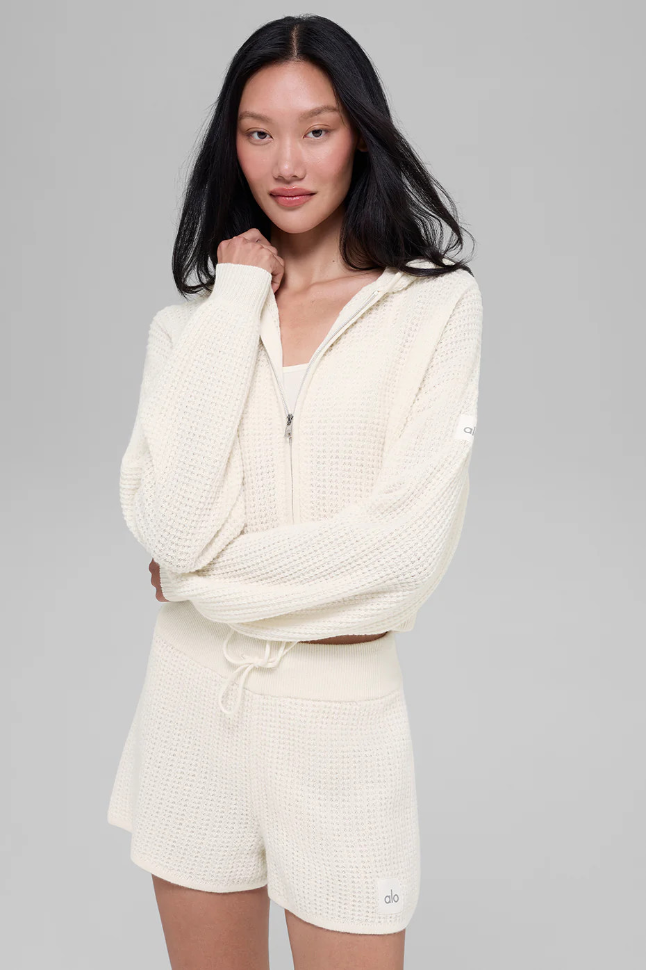 ALO | Cashmere Plush Waffle Full Zip Hoodie in Ivory White, Size: Small | Alo Yoga (US)