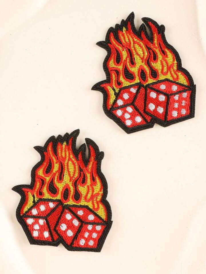 2pcs/set Flame Dice Creative Embroidered Cloth Badge Diy Apparel Decoration Iron-on Patch | SHEIN