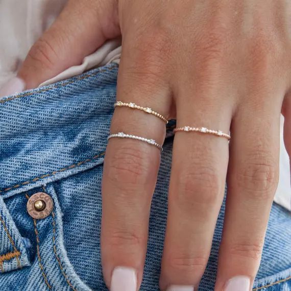 Thin Diamond Ring, Thin Ring, Gold Beaded Ring, Diamond Stacking Ring, Thin Dot Ring with Diamonds,  | Etsy (US)