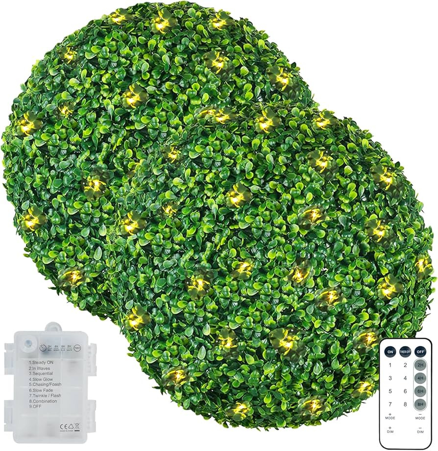 AILANDA 2PCS 16'' Artificial Boxwood Topiary Ball with 200 LED String Light 8 Modes & Timer, Faux... | Amazon (US)