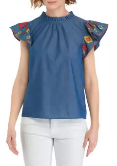Crown & Ivy™ Women's Embroidered Printed Flutter Sleeve Top | Belk