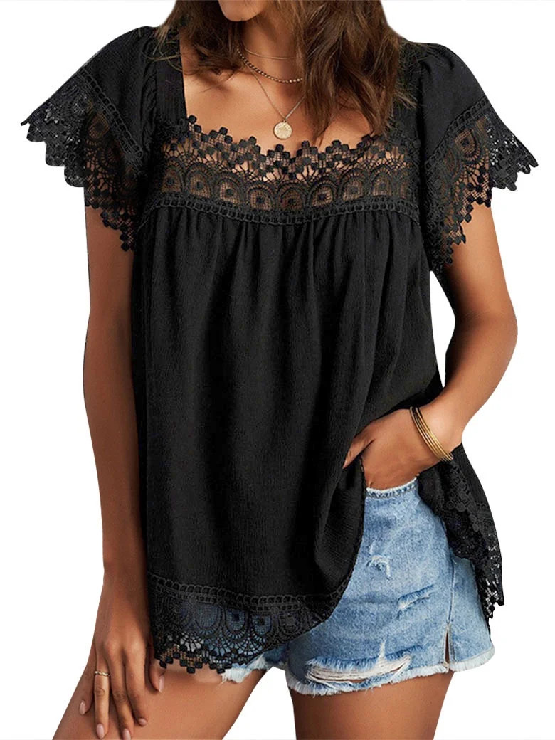 HUBERY Women Crochet Cutout Square Neck Solid Color Short Sleeve Top | Walmart (US)