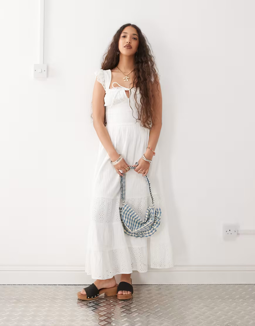 Reclaimed Vintage maxi western summer dress with broderie layers and tie front in white | ASOS (Global)