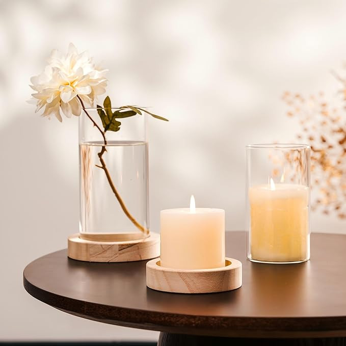 NUPTIO Hurricane Glass Candle Holders: Clear Round Cylinder Vases with Wood Plate Base for Pillar... | Amazon (CA)