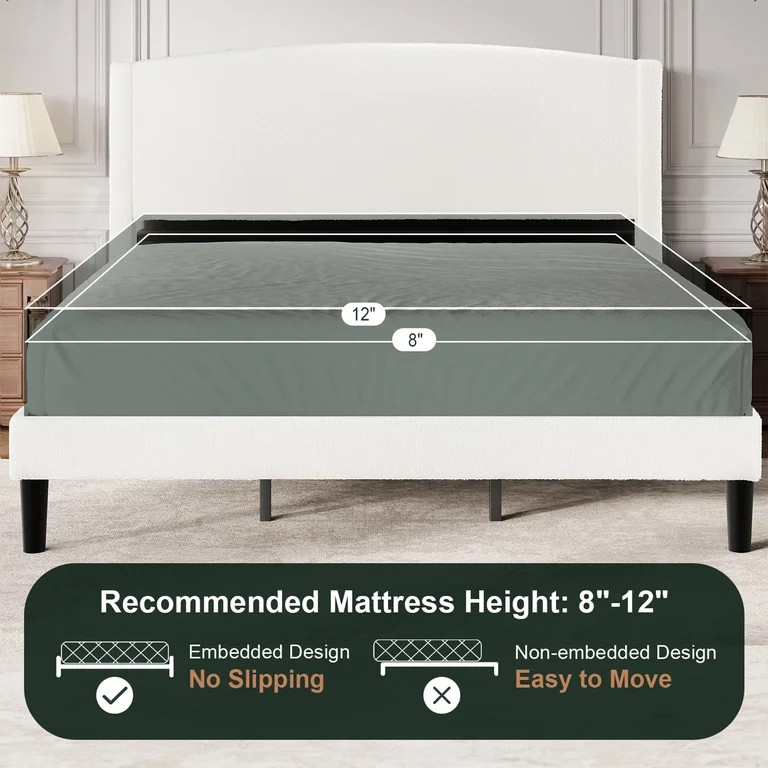 Amolife King Bed Frame, Platform Upholstered Bed with Soft Teddy Fabric Curved Headboard, White | Walmart (US)