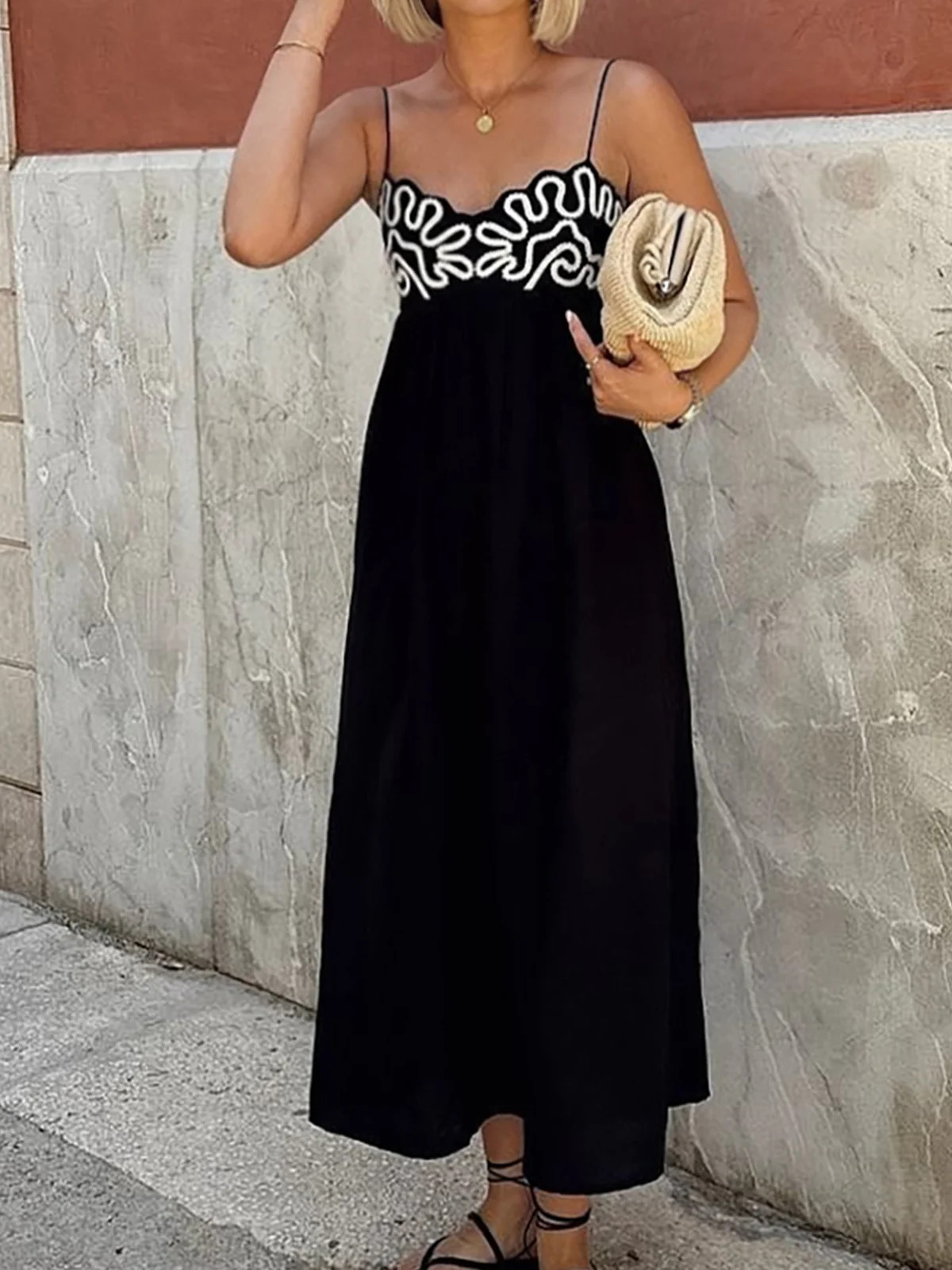 Embroidered Shirred Spaghetti Strap Long Dress | Commense