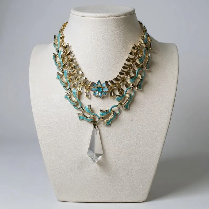 La Mer Bleu Necklace – 1940s Coro Blue Enamel, 1960s Gold Bracelet & French Crystal Prism | Rep... | Etsy (US)