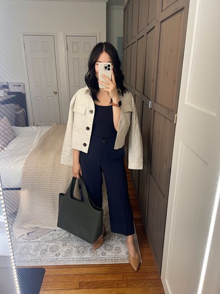 Cream cropped jacket (XSP)
Navy tank top (XS)
Navy pants (4P)
Olive green tote bag
Tan pumps (1/2 size up)
Business casual outfit
Summer work outfit
Spring work outfit
Ann Taylor outfit

#LTKStyleTip #LTKSaleAlert #LTKWorkwear