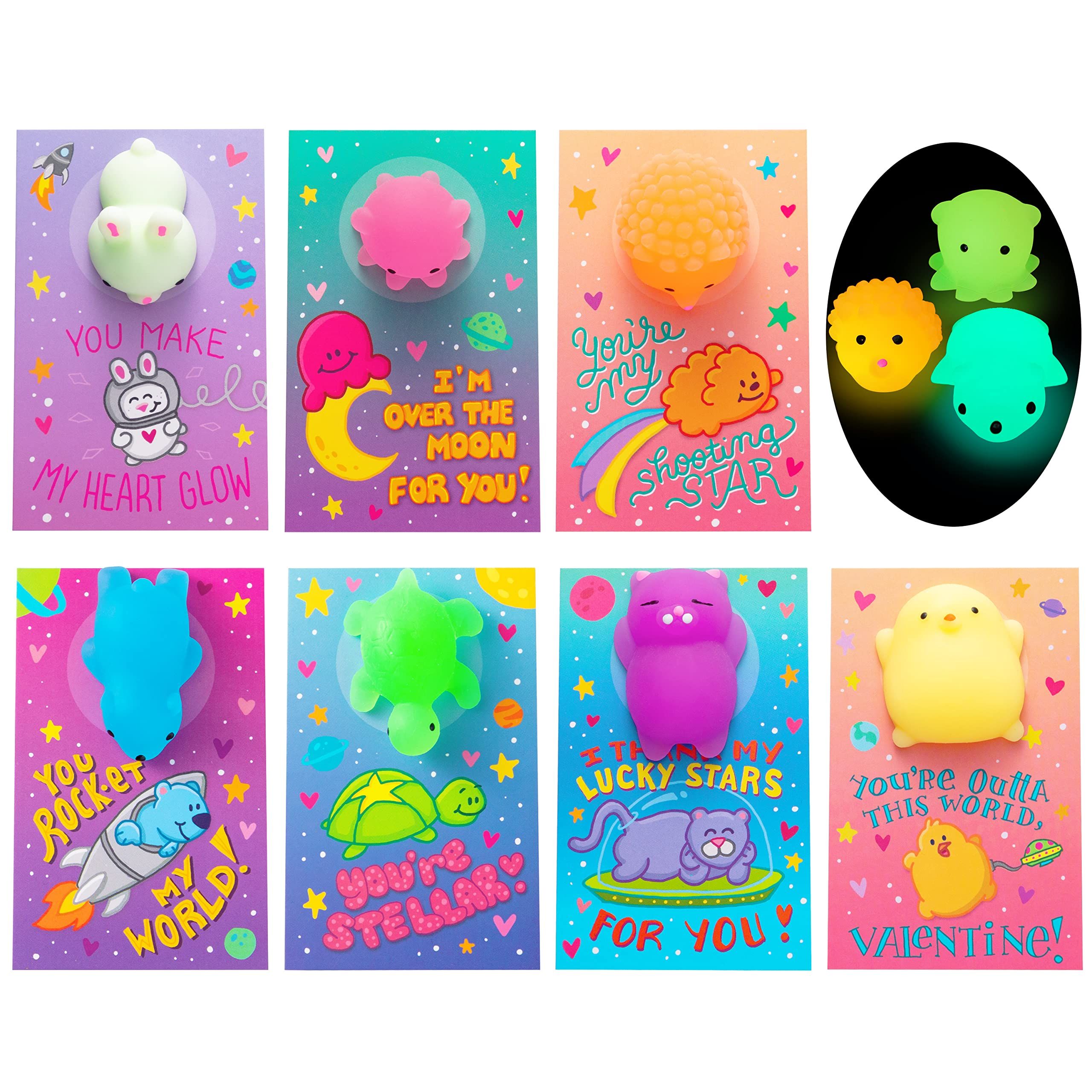 JOYIN 28 Pack Valentines Day Gift Cards with Cute Kawaii Mochi Squishy to Squeeze Glow in The Dark S | Amazon (US)