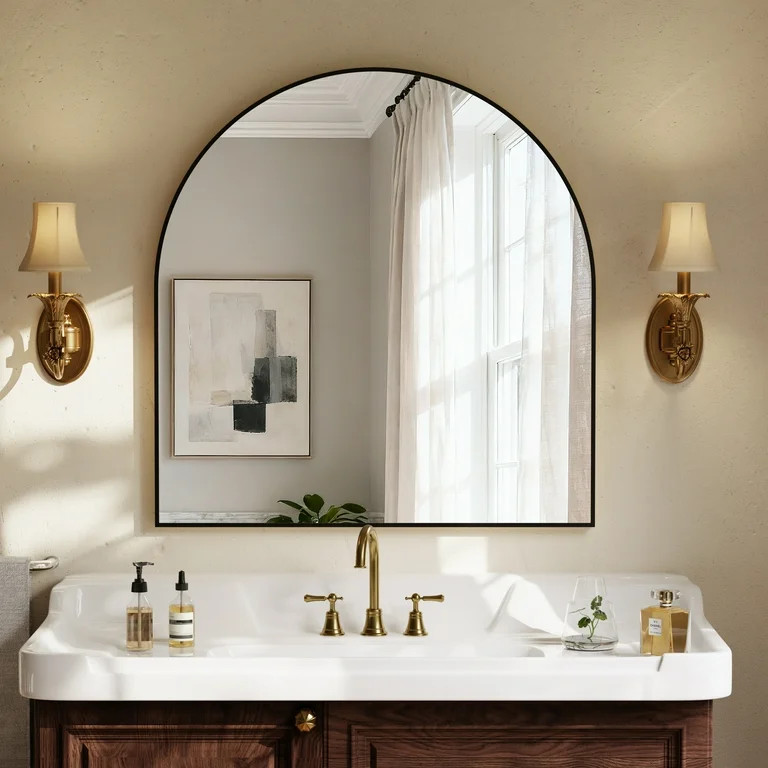 YVANLA 34"x32" Arched Bathroom Mirror Wall Mounted Mirror with Aluminum Alloy Frame, Black | Walmart (US)