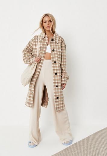 Missguided - Beige Brushed Plaid Wool Mix Longline Shacket | Missguided (US & CA)