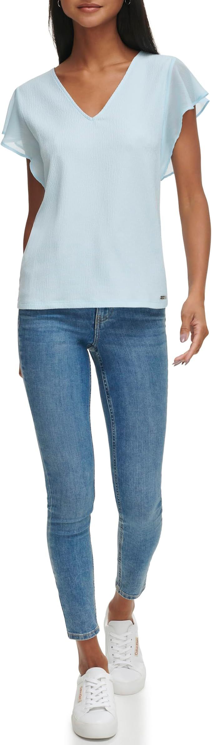 Calvin Klein Women's Chiffon Flutter Sleeve Blouse Top | Amazon (US)