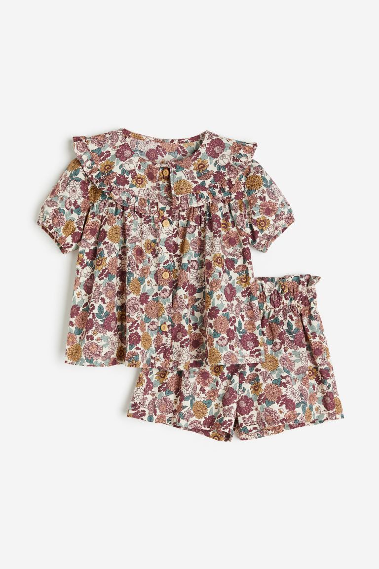 2-piece Patterned Cotton Set - Dark pink/floral - Kids | H&M US | H&M (US)