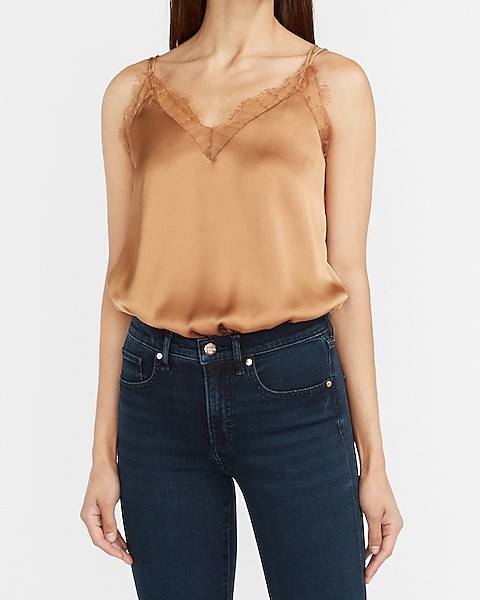 Satin Lace Trim Thong Bodysuit | Express