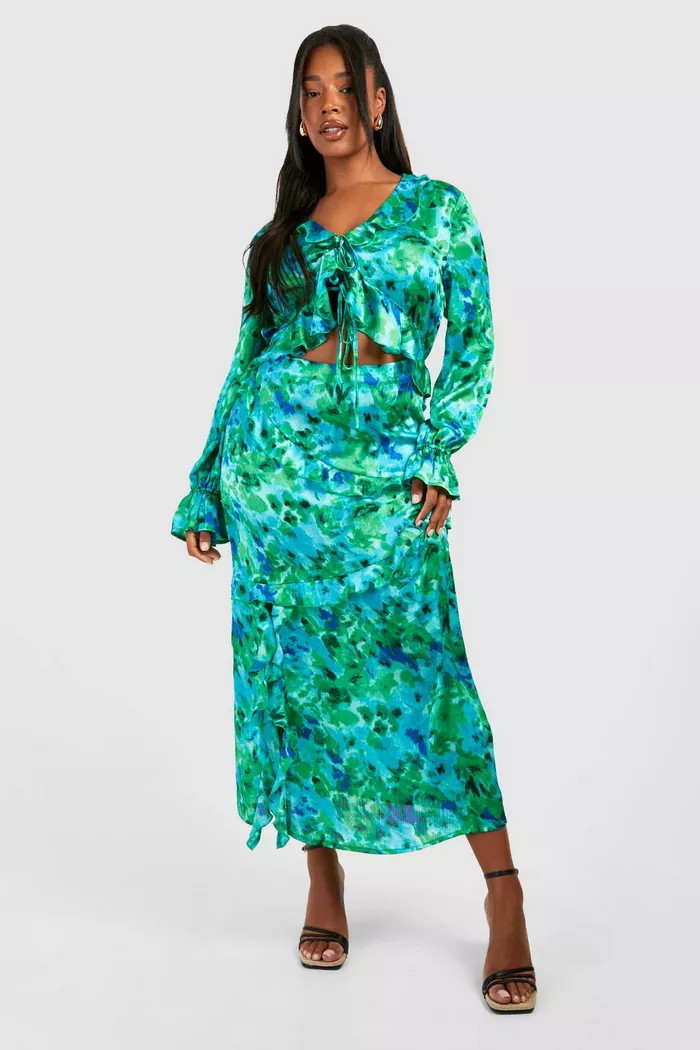 Plus Floral Cut Out Ruffle Midi Dress | boohoo (US & Canada)