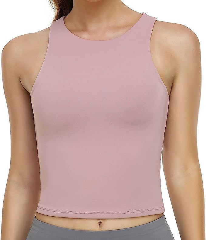 Colorfulkoala Women's High Neck Tank Tops Body Contour Sleeveless Crop Double Lined Yoga Shirts | Amazon (US)
