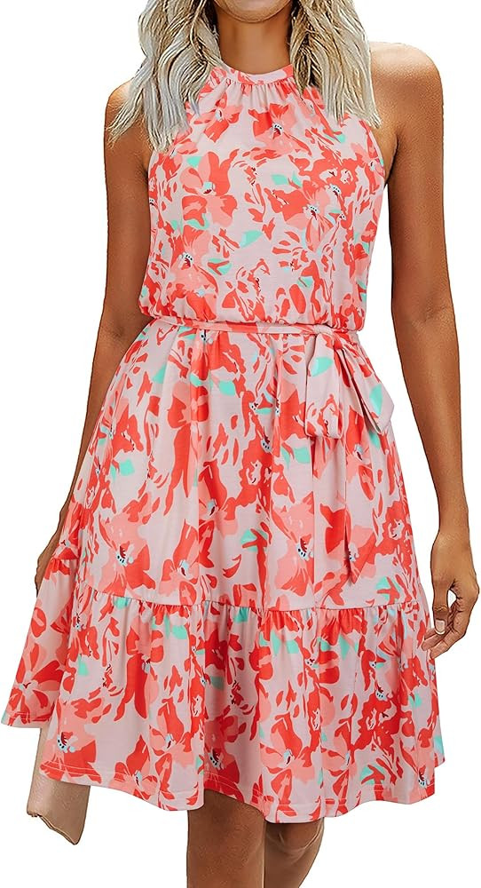 Newshows Womens 2025 Summer Dress Halter Wedding Guest Casual Beach Vacation Outfits Belted Sundr... | Amazon (US)