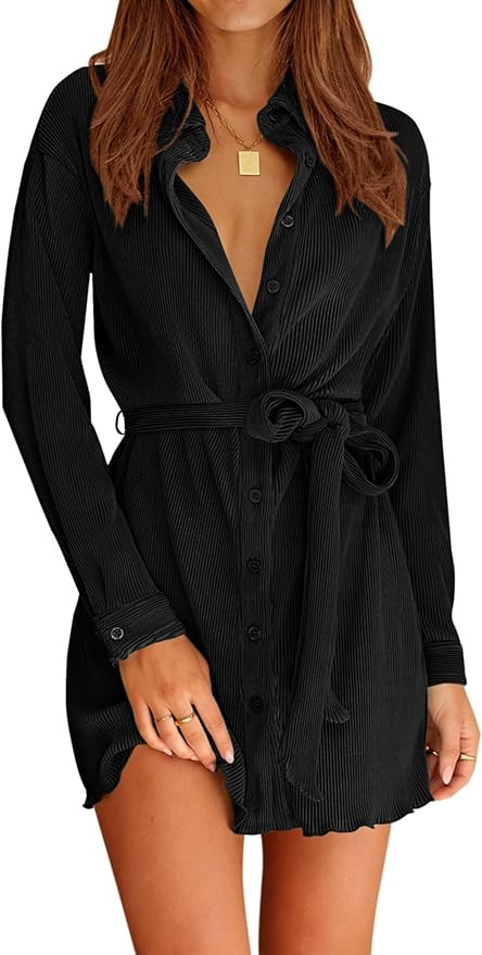 MASCOMODA Women 2023 Fall Dresses Long Sleeve Button Down Pleated Shirt Dress Casual V Neck Shack... | Amazon (US)