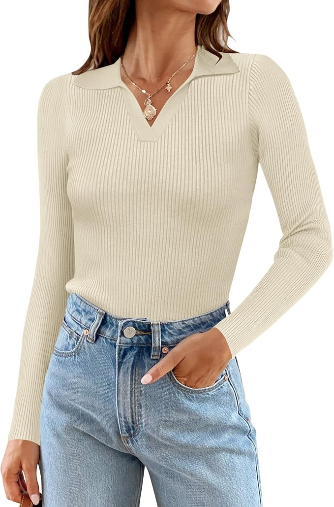 MEROKEETY Womens 2023 V Neck Long Sleeve T Shirts Fitted Elegent Fall Ribbed Knit Casual Tee Tops | Amazon (US)