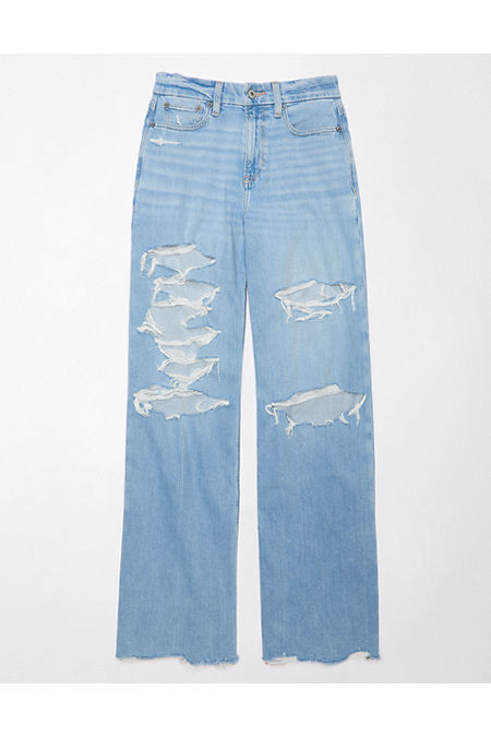AE Dreamy Drape Stretch Curvy Super High-Waisted Ripped Baggy Wide-Leg Jean Women's Fresh Bright 0 Regular | American Eagle Outfitters (US & CA)