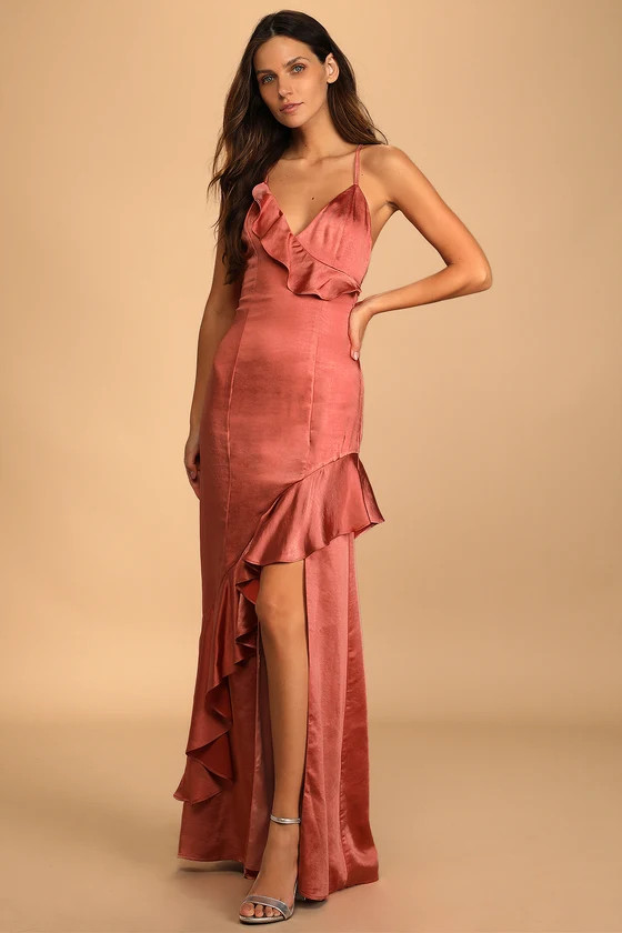 Lucky Lady Terra Cotta Satin Ruffled Maxi Dress | Lulus (US)