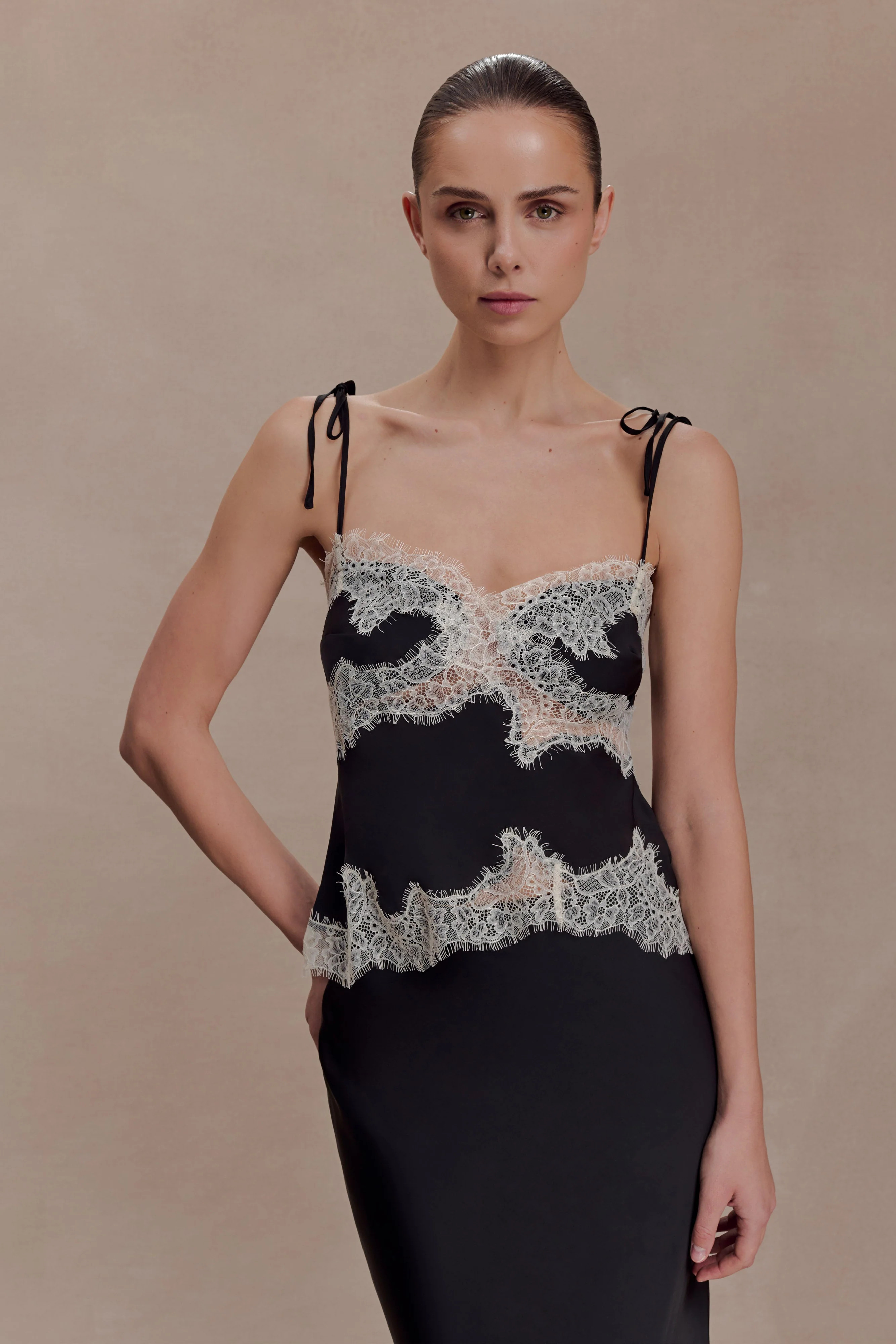 Satin And Lace Camisole - Black/Ivory | MESHKI US