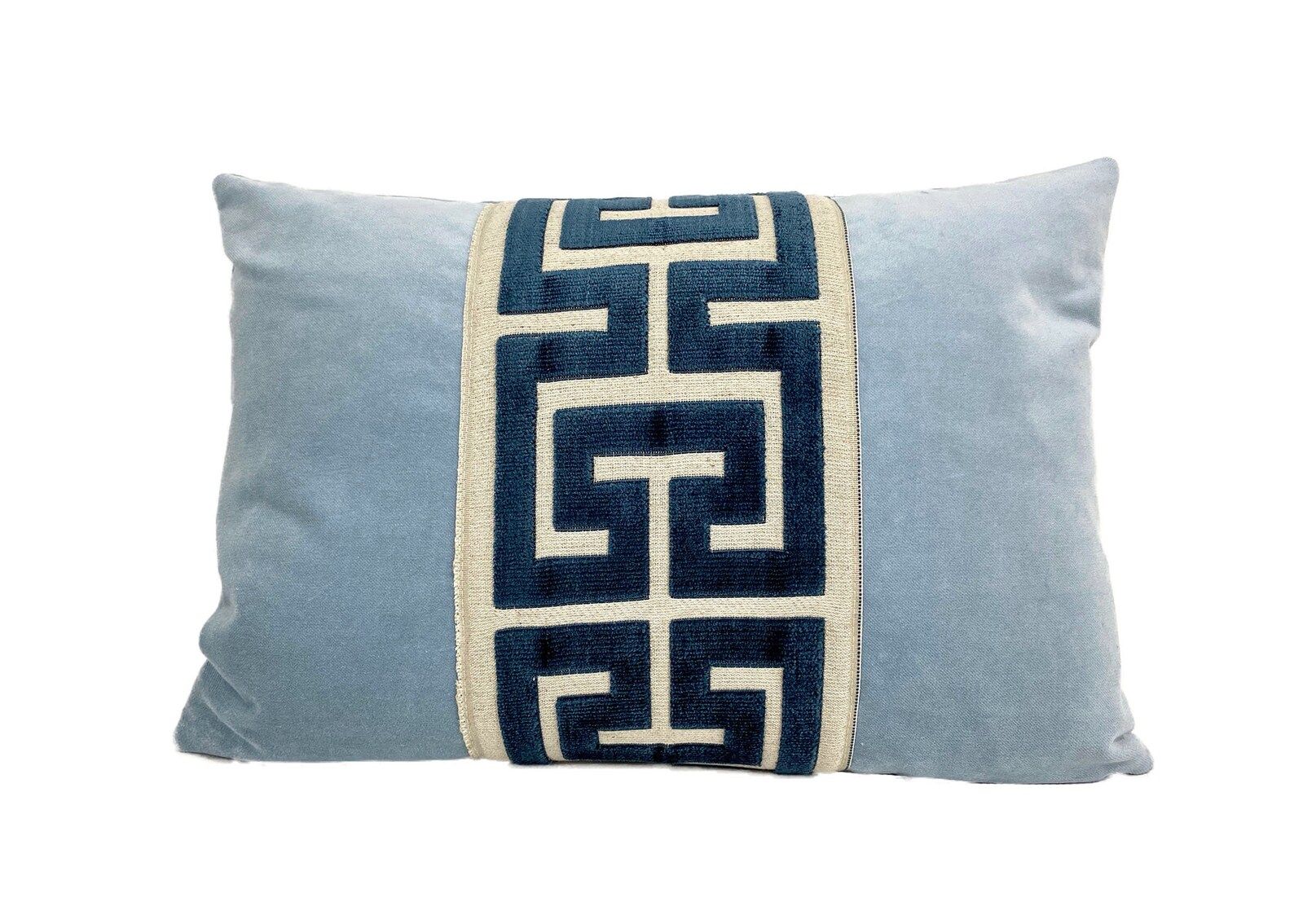 Light Blue Velvet Pillow Cover with Large Greek Key Trim | Etsy (US)