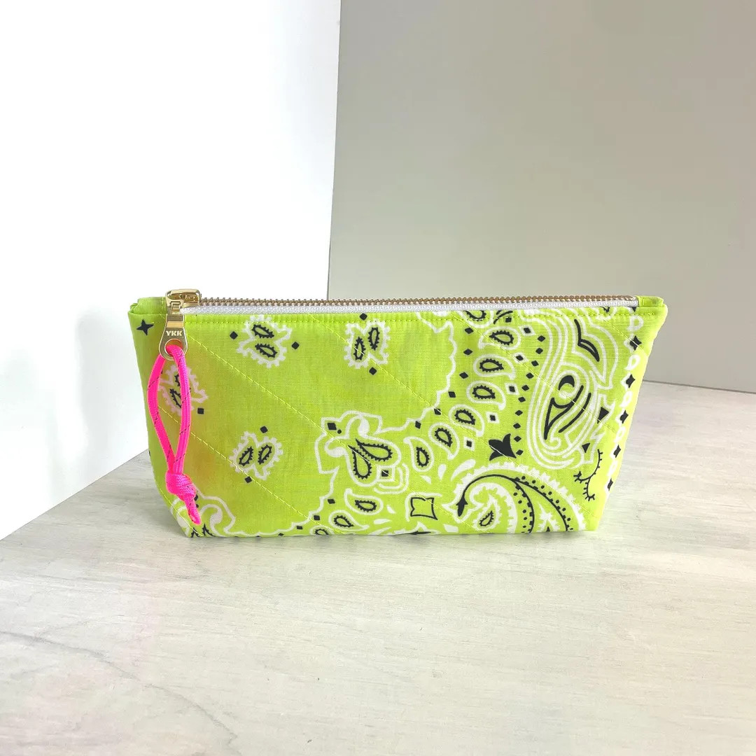 Neon Green Bandana Zipper Pouch – Flat Bottom Cosmetic Bag – Handmade Clutch | Etsy (US)