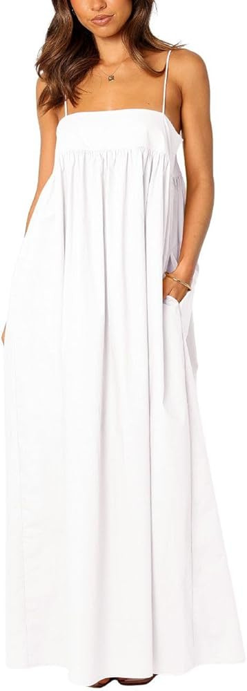 ebossy Women's Summer Backless Tied Spaghetti Straps Casual Loose Cutout Maxi Dress with Pockets | Amazon (US)