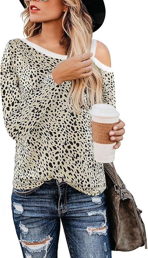 NSQTBA Womens Casual Long Sleeve Cute Shirts Leopard Print Tops Fashion Basic Tees S-2XL | Amazon (US)